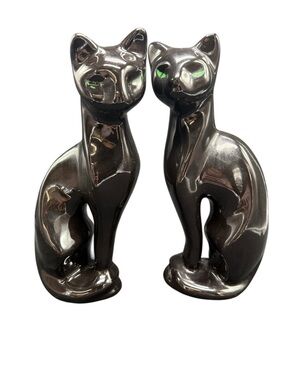 Vintage Artmark Black Ceramic Cats Pair Green Eyes MCM Halloween Figurines READ